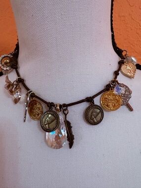 Boho Coin & Crystal Charm Necklace in Brown and Gold